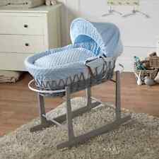 Baby Moses Basket With Stand Blue Dimple Bedding and Mattress Grey Rocking Stand