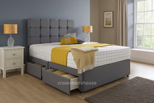 Luxury Grey Fabric Divan Bed with Mattress & Headboard – Double & King Size Bed