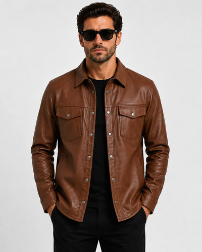 Men brown leather shirt - men's,