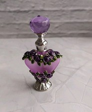Heart Shaped Purple Frosted Glass Perfume Bottle Metal Trim & Purple Roses  New