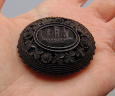 BEAUTIFUL ANTIQUE VICTORIAN BOG OAK BROOCH - CASTLE, SHAMROCK & FLOWERS