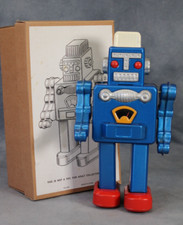 Vintage MS360 Tinplate Litho Toy Walking Robot Blue Clockwork Boxed & Working