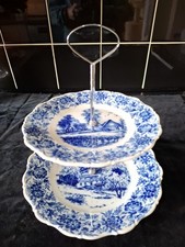 Pretty Vintage  German Blue & white China 2 Tier Cake Stand Plate Afternoon Tea 