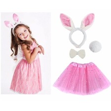 Kids Bunny Costume Pink Tutu Ears Tail Bow Easter Halloween Fancy Dress 