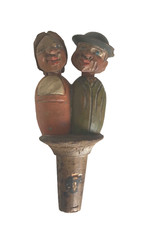 VINTAGE ANRI? CARVED WOODEN BOTTLE STOPPER MECHANICAL KISSING COUPLE