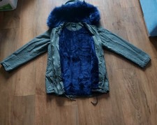 Brave Soul Women's Hooded Coat Green With Blue Fur Size 12 UK