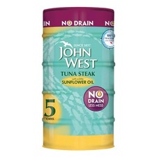 John West Tuna Steak in Sunflower Oil No Drain Less Mes Fish Tin Can Pack 5x110g