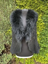 Italian Designer Victory BL Black Shaved Sheepskin Gilet Fox Fur Collar UK10-12