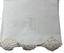Pair of Vintage 'M' Monogram White on White Embroidered Lace Edge Pillowcases
