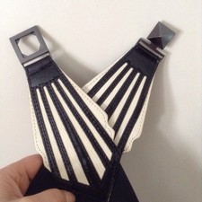 Vtg Faux Patent Black Cream Geometric Deco Style Waspie Belt Waist Cincher L