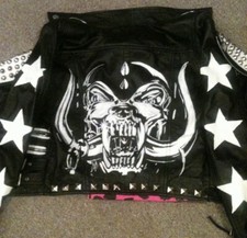 Motorhead painted studded faux Leather Battle Biker Jacket Waistcoat Choose Size