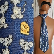 BHS Vintage Mouse & Cheese Tie In Blue Polyester 1990s Made in UK BA41