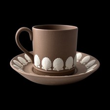 Rare WEDGWOOD Taupe Brown Demitasse Jasperware Sea Shell Cup & Saucer