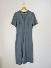 Nobody's Child Dress Women Size 14 Blue Black Gingham Check Midi Buttoned V Neck