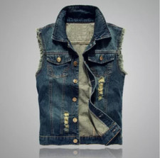 Men Jean Vest Jacket Sleeveless Ripped Denim Waistcoat Trucker Coat Distress UK