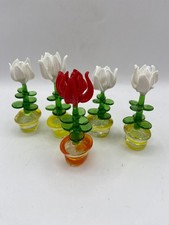 5 x individual colourful hand-blown tri-coloured glass mini flowers in pots.