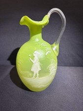 VTG Mary Gregory Frosted Green Glass Vase With Handle Damaged.