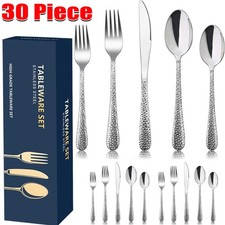 30PC CUTLERY DINNER SET STAINLESS STEEL METAL STAND RACK FORKS TEA SPOONS POLISH