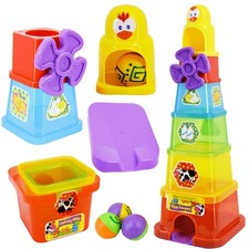 Stacking Nesting Cups Blocks Toy Farmyard Spin & Drop Tower Baby Toddler Fun