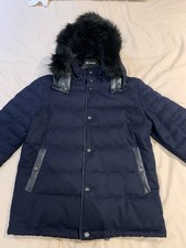The Kooples Mens Navy Parka Size M Leather Detail Fur Hood £500 RRP