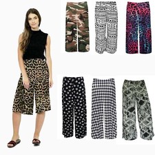 WOMEN 3/4 WIDE LEG SHORT PLAZZO PANTS CASUAL LADIES LOOSE CAPRI TROUSERS