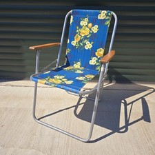 Vintage Floral Folding Deck Chair 70's Camping Retro Blue & Yellow Wooden Arms