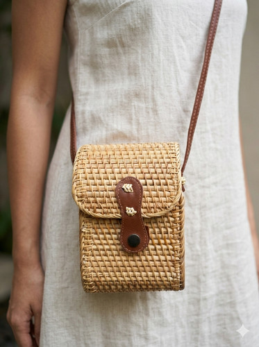 Rattan wicker crossbody bag - rattan,