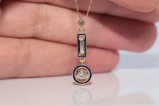 Antique Circa 1900s 18k Gold Natural Diamond Decorated Enamel Pendant Necklace