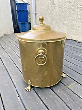 LARGE ANTIQUE ART DECO BRASS LION PAW FEET LIDDED COAL BOX STORAGE BUCKET BIN