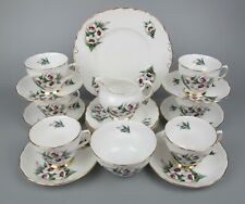 Colclough Tea Set Service. VTG bone china. 6 cups plates. White Hibiscus flowers
