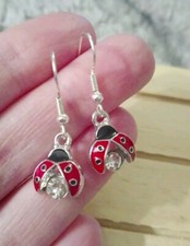 Silvery Lady Bird And Cubic Zirconia Earrings Cute Insect Gift Dangle