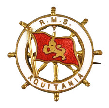 Vintage Old Cunard Line RMS Aquitania Ships Wheel Enamel Souvenir Brooch Badge