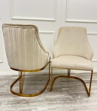 Arina Luxury Velvet Italian Beige Gold Leg Dining Chairs - NEW