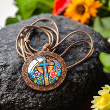 Holy Cross Catholic Christian Pendant Necklace Glass Wooden Medallion Adjustable