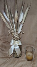 Beautiful Cream Dried Flower Bouquet with Vase & Tealights Glass Gift Boxed New