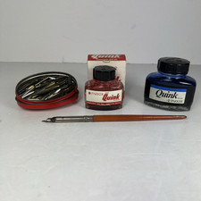 Vintage Writing Set - Dip Pen, Large Quantity Nibs, Blue & Red Parker Quink Ink