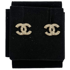 CHANEL genuine classic gold tone pearl and crystal CC stud earrings in box