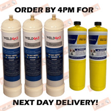 3 X WELDGAS FITS OXY TURBO KITS OXYGEN GAS CYLINDER BOTTLE + 2 X MAPP MAP GAS