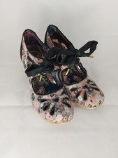 Irregular Choice Black Pink Floral Heart Cut Out Lace Up Bow Mary Janes Court 6