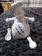 Ceramic Chef Bell Figurine Holding Ladles. Slogan "come & get it"