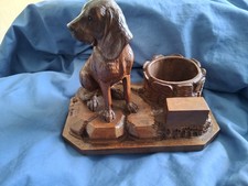 ANTIQUE Swiss  Black FOREST CARVED carved wooden dog pipe stand & vesta holder