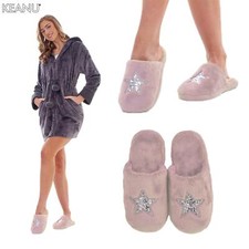 Ladies Soft Plush Faux Fur Sequin Star Mule Slipper Heart Embossed Memory Insole
