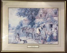 M.B. Foster  - "Loading the cart for market" vintage print in wooden frame