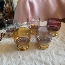 Vintage coloured glass set small shot glasses gold foot VGC Home Bar Festive x 5