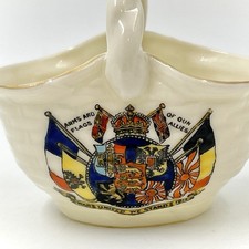 VTG ARCADIAN CRESTED CHINA FRUIT BASKET - ARMS AND FLAGS OF OUR ALLIES 1914 WWI