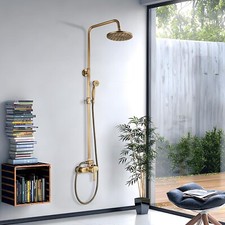 Antique Brass Shower System Set Rainfall Shower Head Hand Shower Wall Mount