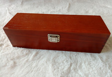 Long wide wooden storage presentation box hinged metal catch medium brown wood
