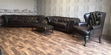 Chesterfield suite 3 & 2 seaters Queen Ann & stool in conker brown leather super