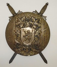 Vintage Brass Shield with Crossed Swords, Heraldic Lion Plaque. 15.25" Dia.