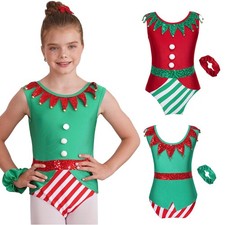 UK Girls Christmas Costume Elf Gymnastics Dance Leotard with Headband Outfit